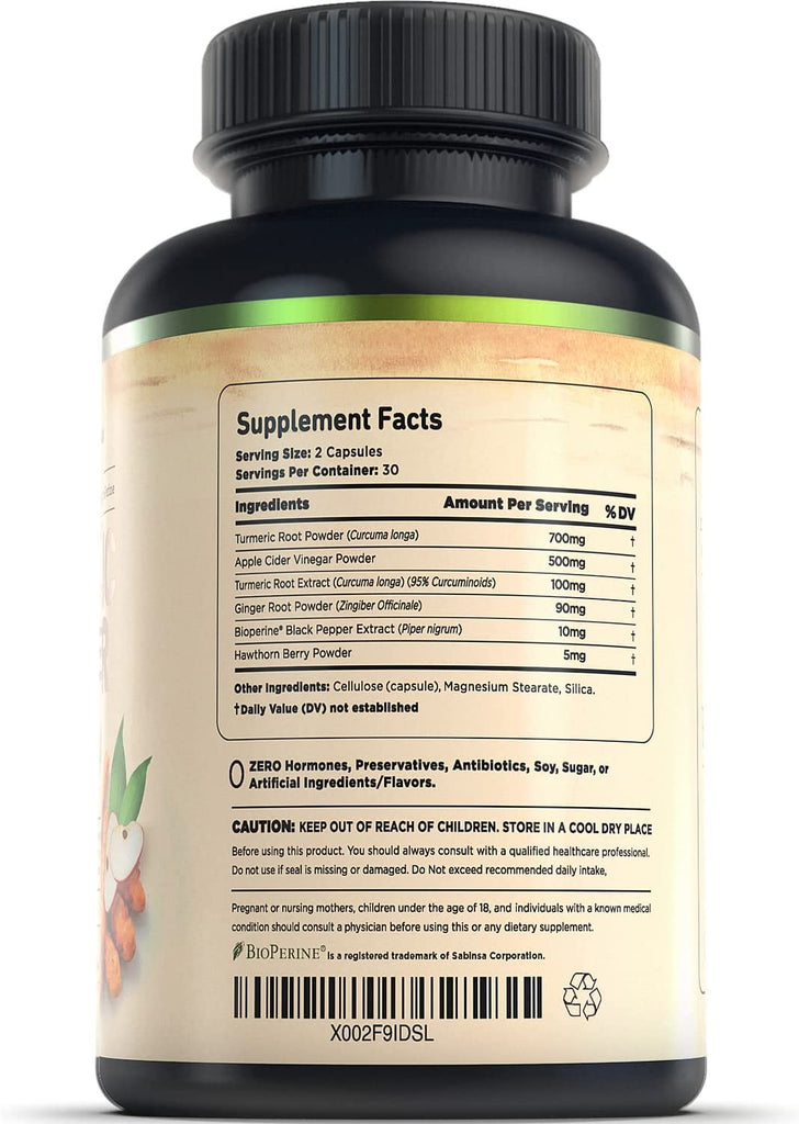 Turmeric Curcumin Supplement with Ginger & Apple Cider Vinegar, BioPerine Black Pepper, Tumeric & Ginger, 95% Curcuminoids & Joint Supplement, Antioxidant Tumeric Supplements Capsules, Nature's Base. 120 Capsules