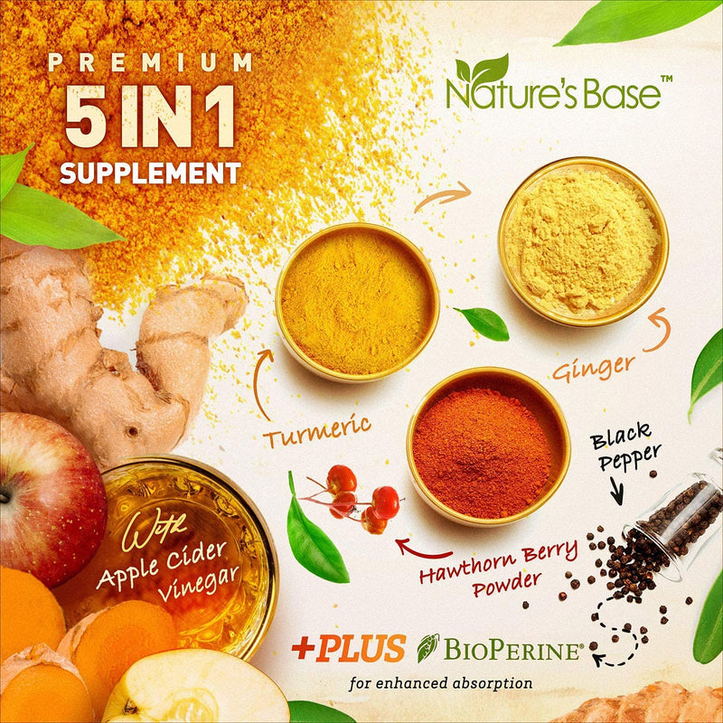 Turmeric Curcumin Supplement with Ginger & Apple Cider Vinegar, BioPerine Black Pepper, Tumeric & Ginger, 95% Curcuminoids & Joint Supplement, Antioxidant Tumeric Supplements Capsules, Nature's Base. 60 Capsules