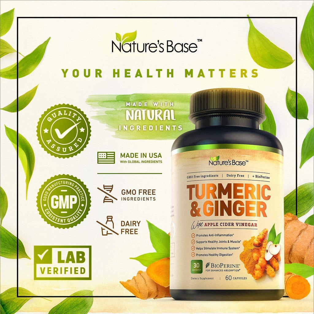 Turmeric Curcumin Supplement with Ginger & Apple Cider Vinegar, BioPerine Black Pepper, Tumeric & Ginger, 95% Curcuminoids & Joint Supplement, Antioxidant Tumeric Supplements Capsules, Nature's Base. 120 Capsules