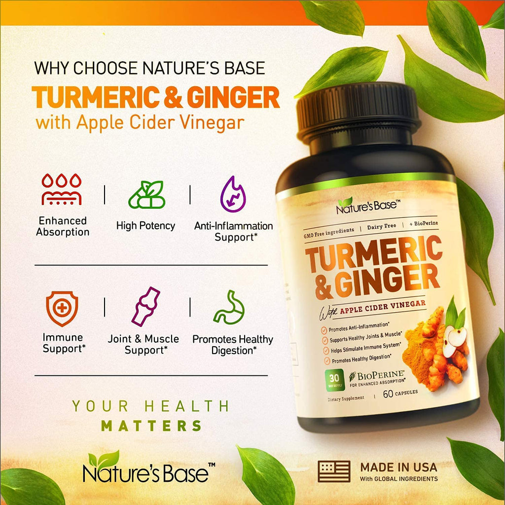 Turmeric Curcumin Supplement with Ginger & Apple Cider Vinegar, BioPerine Black Pepper, Tumeric & Ginger, 95% Curcuminoids & Joint Supplement, Antioxidant Tumeric Supplements Capsules, Nature's Base. 120 Capsules