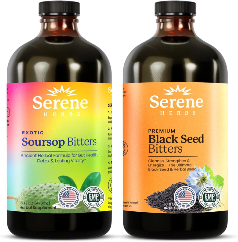 Serene Herbs Soursop Bitters Liquid & Black Seed Bundle – Organic Herbal Guanabana for Digestive Support & Immune Health