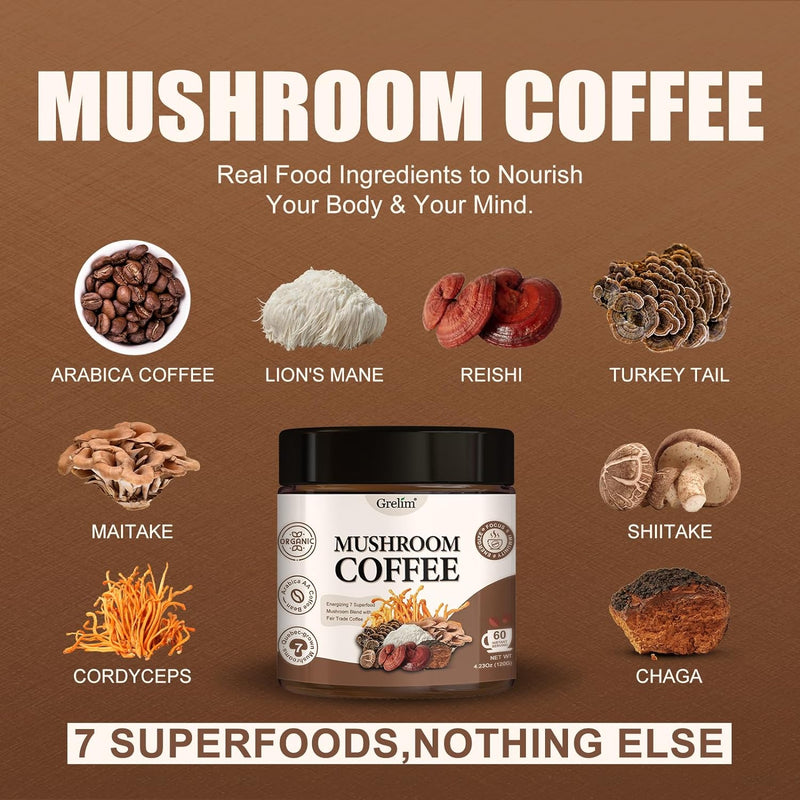 Grelim Mushroom Coffee (60 Servings) with 7 Superfood Mushrooms, Great Tasting Arabica Instant Coffee 4.23 Oz
