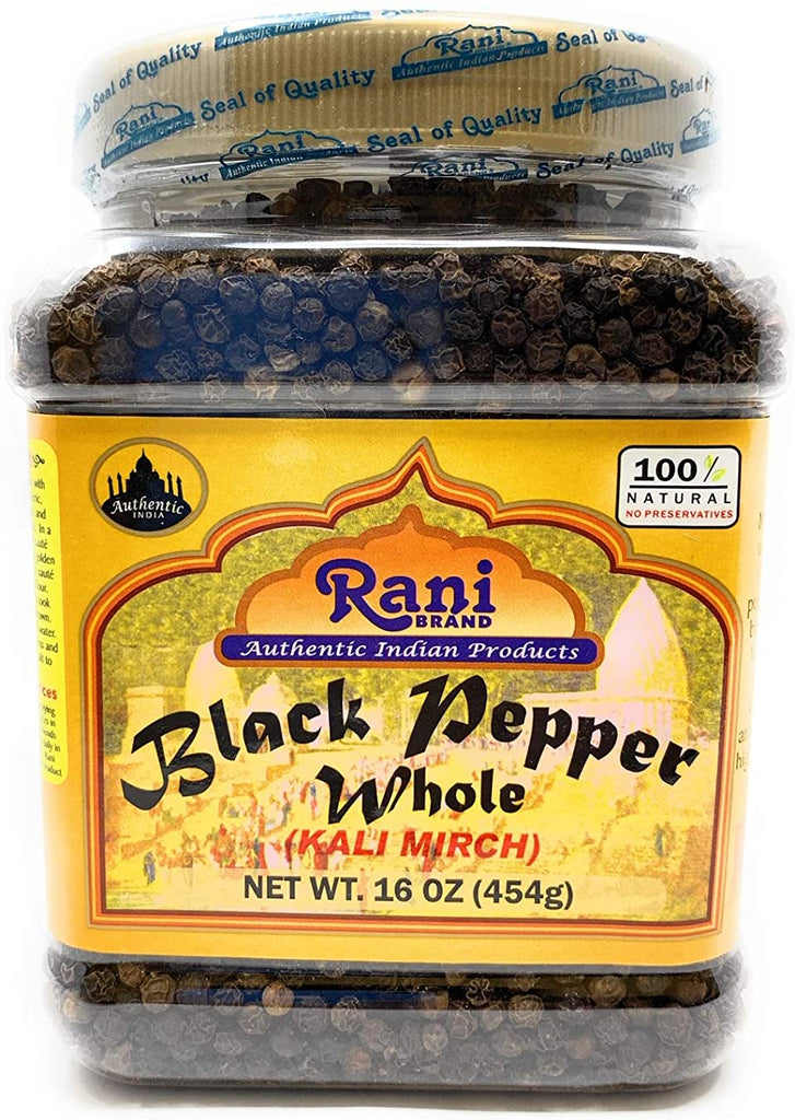 Rani Black Pepper Whole (Peppercorns), Premium Indian MG-1 Grade 16oz (1lb) 454g Bulk PET Jar ~ All Natural | Gluten Friendly | Non-GMO | Perfect size for Grinders!