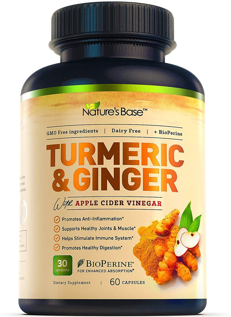 Turmeric Curcumin Supplement with Ginger & Apple Cider Vinegar, BioPerine Black Pepper, Tumeric & Ginger, 95% Curcuminoids & Joint Supplement, Antioxidant Tumeric Supplements Capsules, Nature's Base. 120 Capsules