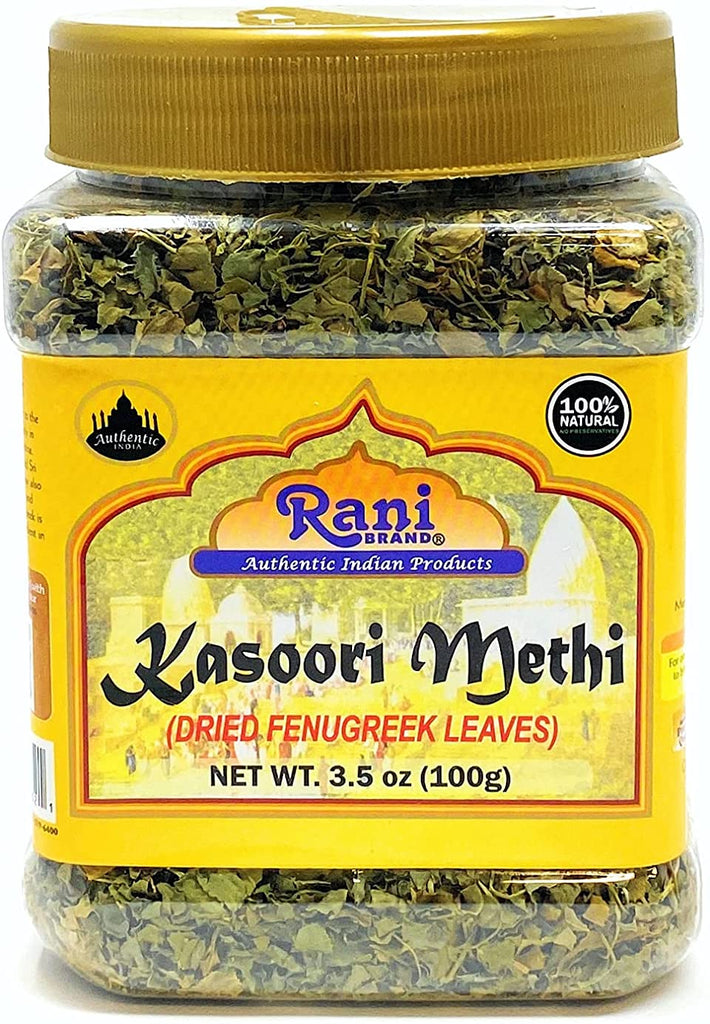 Rani Fenugreek Leaves Dried (Kasoori Methi) 3.5oz (100g) PET Jar ~ All Natural | Vegan | Gluten Friendly | NON-GMO | Indian Origin