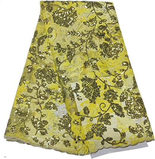 Authentic Lemon Yellow African Sequence French Lace 5 Yards