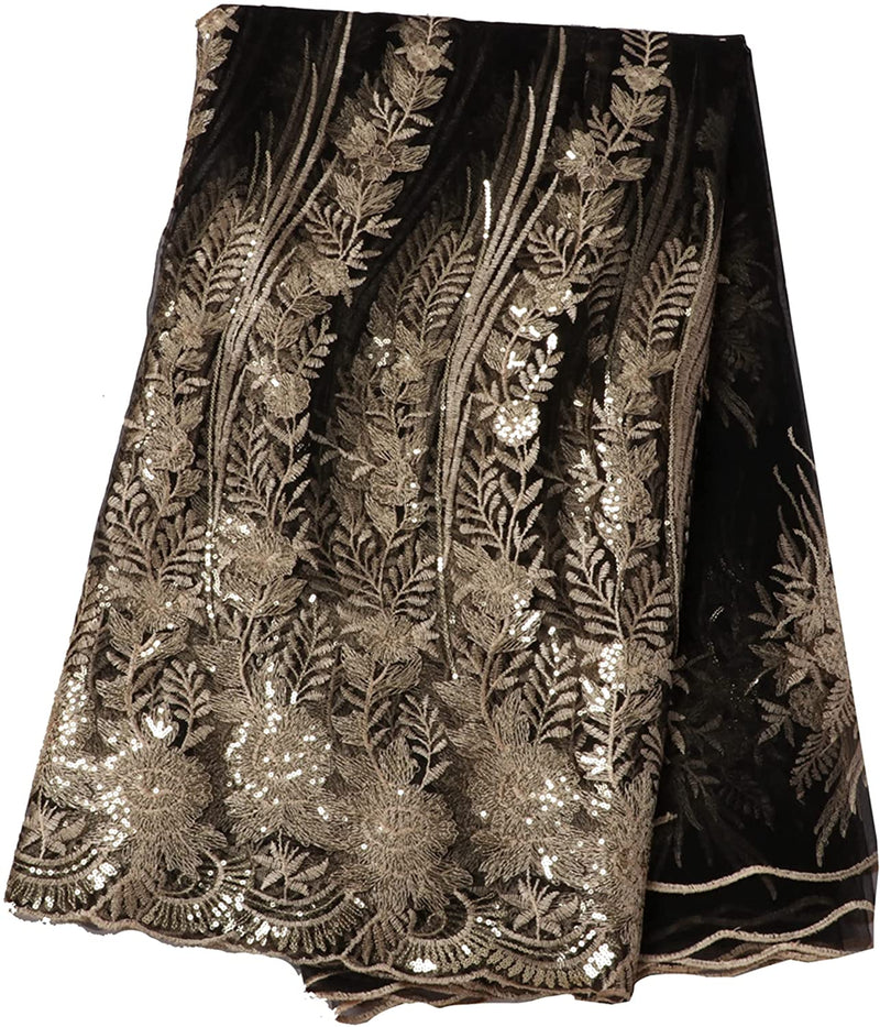 Authentic Black African Embroidered and Sequins Lace 5 Yards