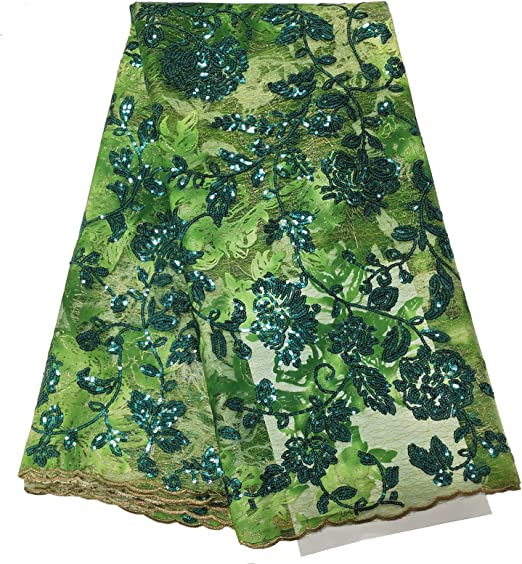 Authentic Leaf Green African Sequence French Lace 5 Yards