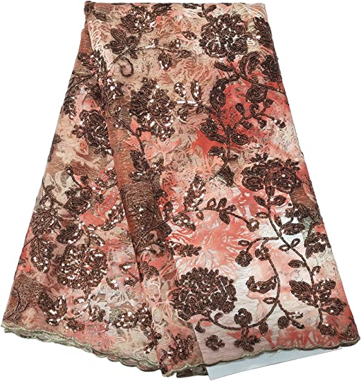 Authentic Peach African Sequence French Lace 5 Yards