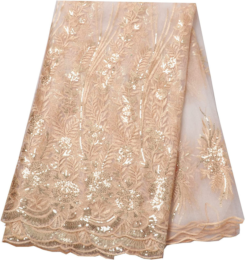 Authentic Beige African Embroidered and Sequins Lace 5 Yards