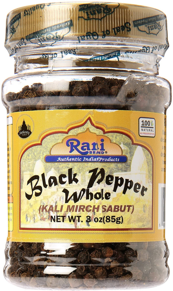 Rani Black Pepper Whole (Peppercorns), Premium Indian MG-1 Grade 3oz (85g) PET Jar ~ All Natural | Gluten Friendly | Non-GMO | Perfect size for Grinders!