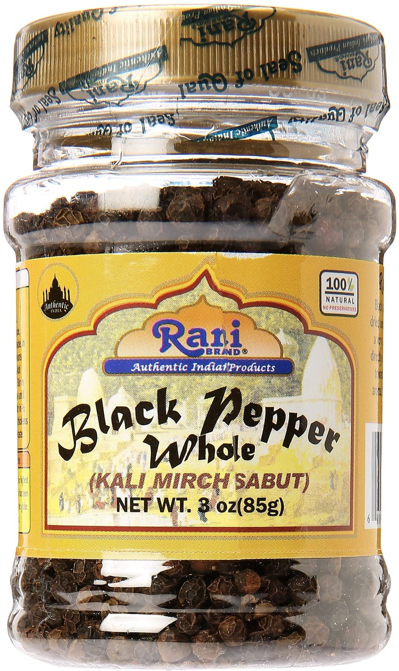 Rani Black Pepper Whole (Peppercorns), Premium Indian MG-1 Grade 3oz (85g) PET Jar ~ All Natural | Gluten Friendly | Non-GMO | Perfect size for Grinders!