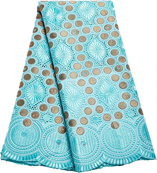 Authentic African Cyan Cotton Lace Fabric 5 Yards